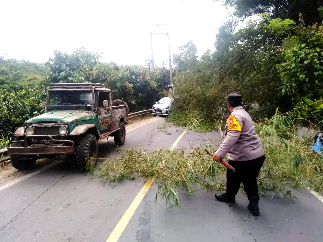 Sigap Atasi Pohon Tumbang, Polsek Tigabinanga Bersama Warga Bersihkan Jalan Raya