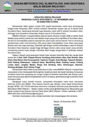 BMKG Wilayah I Peringatkan Potensi Cuaca Ekstrem di Sumut, Masyarakat Diminta Waspada