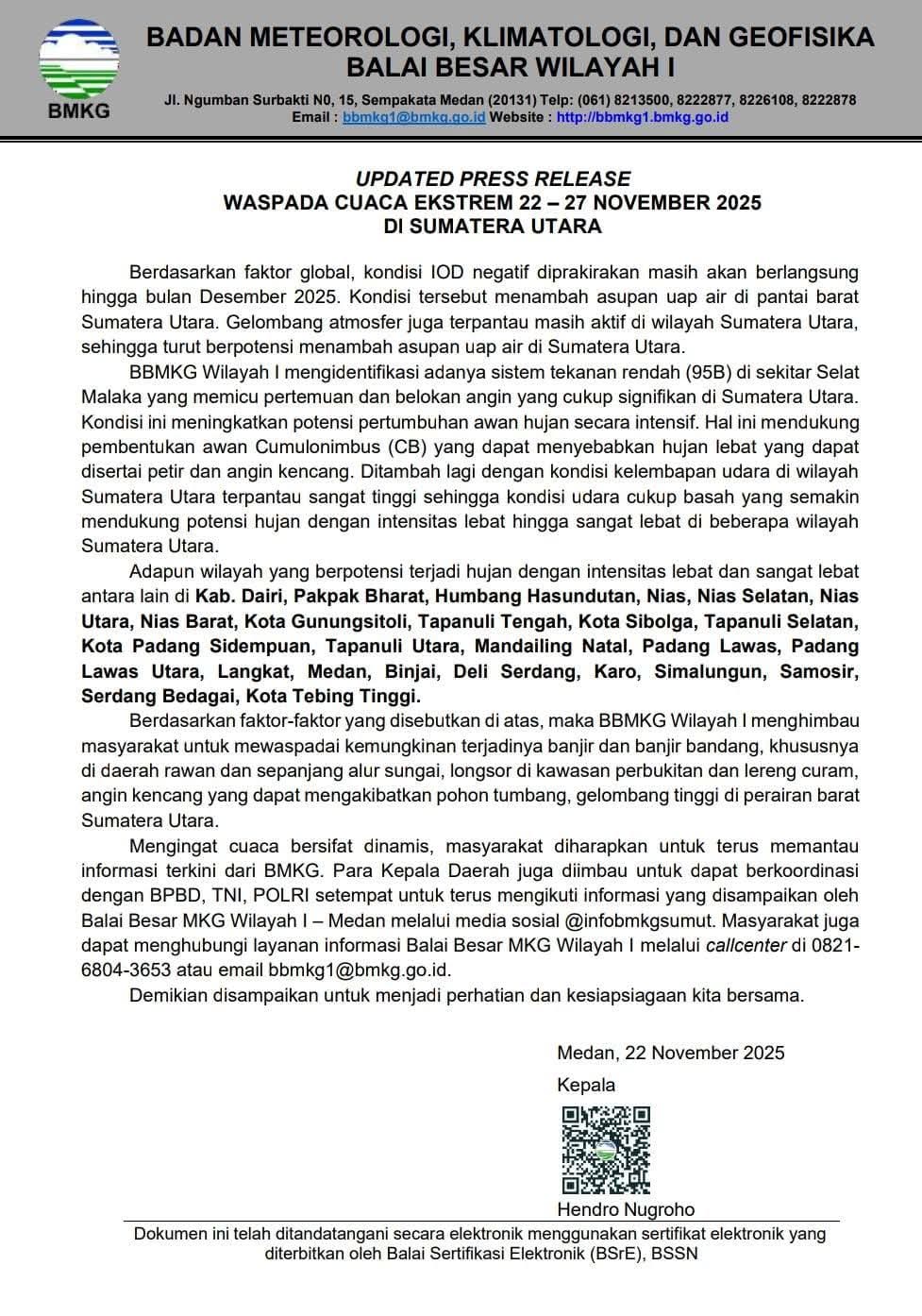 BMKG Wilayah I Peringatkan Potensi Cuaca Ekstrem di Sumut, Masyarakat Diminta Waspada