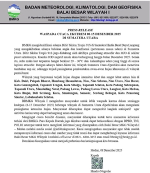 BMKG Peringatkan 8-15 Desember 2025 Potensi Cuaca Ekstrem di Sumut