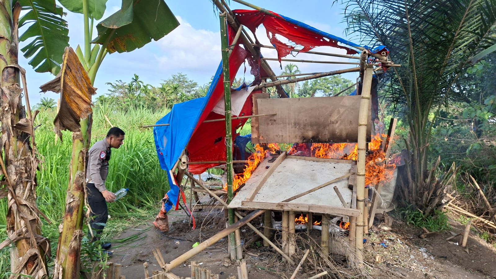 Polsek Sunggal Gerebek Sarang Narkoba di Sei Semayang, Barak Dibakar