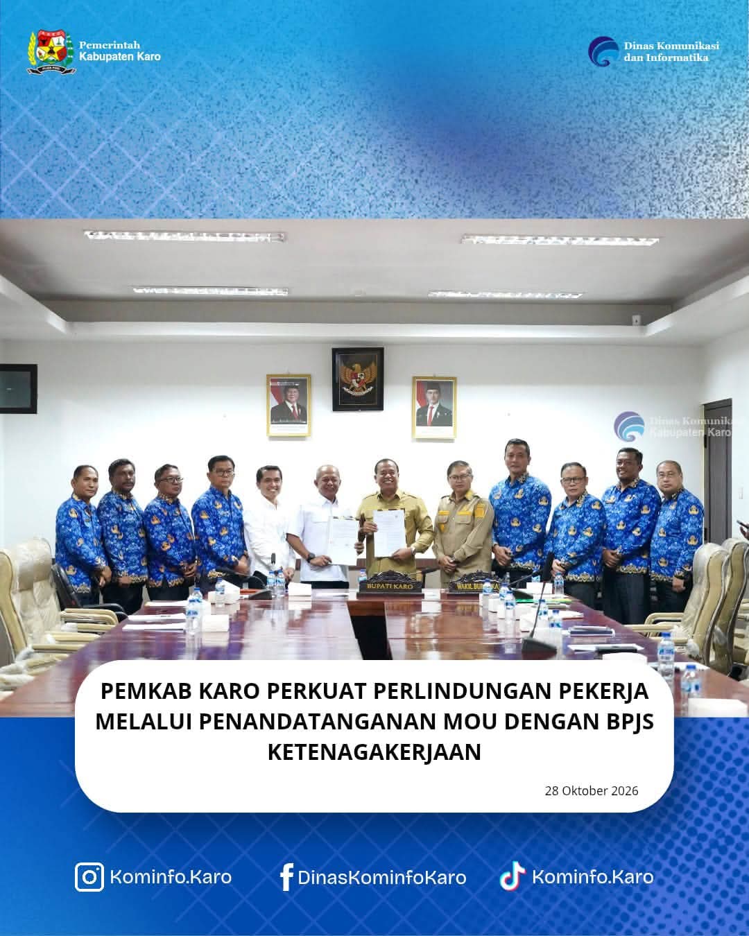 Bupati Karo dan jajaran Pemkab Karo bersama BPJS Ketenagakerjaan dalam penandatanganan nota kesepahaman.